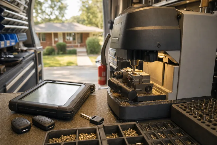 Key cutting machine and fobs inside a mobile locksmith van