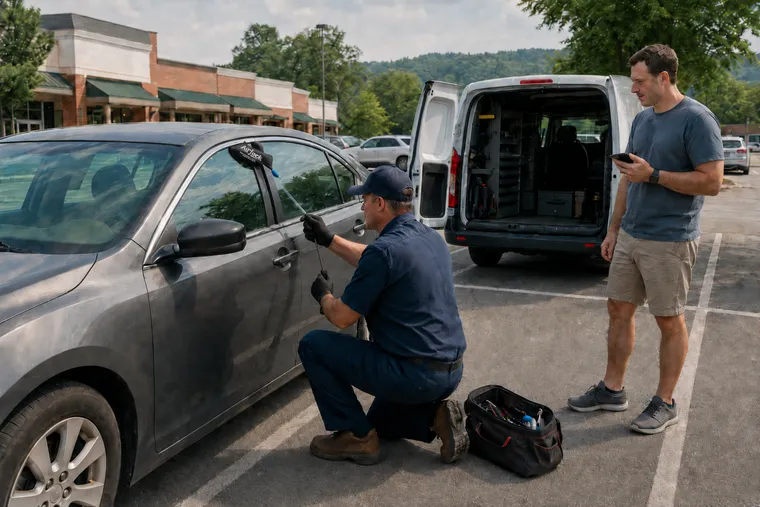 Locksmith opening a locked sedan in an Albertville parking lot