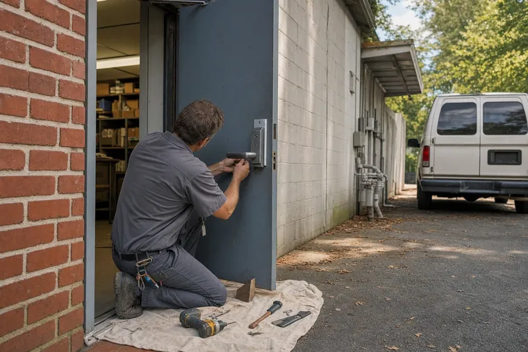 Locksmith fitting a commercial lever lock on a steel door