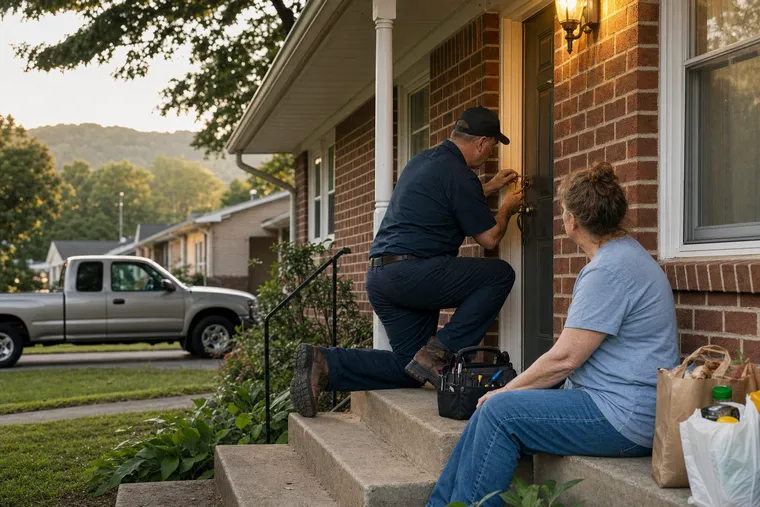 Locksmith working a front door lock at dusk while the homeowner waits on the porch steps