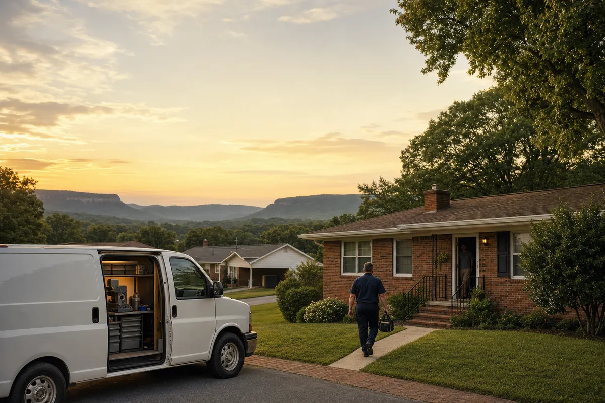 Locksmith walking up to a brick home in Albertville, Alabama at golden hour, work van in the driveway