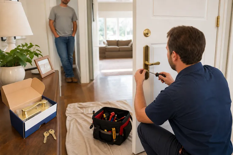 Locksmith fitting new brass door hardware inside an Albertville home