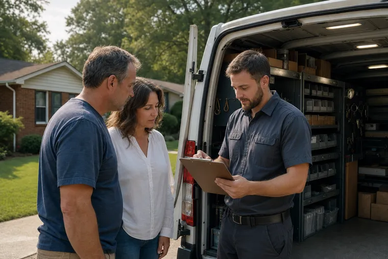Locksmith going over a written estimate with a couple at the back of a service van